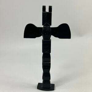 Vintage Hand Carved Wooden Totem Pole Thunderbird Rotating Wings Black Folk Art